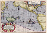 Maris Pacifici by Abraham Ortelius. This map was published in 1589 in his Theatrum Orbis Terrarum. It was not only the first printed map of the Pacific, but it also showed the Americas for the first time.