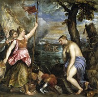 Titian, Religion saved by Spain, 1572-1575, oil on canvas, 168 x 168 cm, Prado Museum, Madrid, Spain. Source: Prado Museum Other titles: Spain succoring Religion or Religion succored by Spain