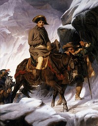 In May 1800 Napoleon crossed the Alps, and in June was his victory at Marengo, Italy, over Austria. He is shown on a mule with a peasant leading him over the Great St Bernard Pass. The painting opposes the propagandist painting by Napoleon's artist.