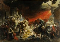 Briullov visited Pompeii in 1828 and made sketches depicting the AD 79 Vesuvius eruption. The painting received rapturous reviews at its exhibition in Rome and brought Briullov more acclaim than any other work during his lifetime. The first Russian artwork to cause such an interest abroad, it inspired an anthologic poem by Alexander Pushkin, and the novel The Last Days of Pompeii by Edward Bulwer-Lytton. It depicts a classical topic but exhibits characteristics of Romanticism as manifested in Russian art, including drama, realism tempered with idealism, interest in nature, and a fondness for historical subjects. A self portrait is in the upper left corner of the painting, under the steeple, but not easy to identify.