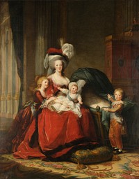 Depicted people: Marie-Antoinette, Marie-Thérèse, Louis-Charles and Louis-Joseph.Dans ce tableau de propagande exposé au Salon de 1787 au Louvre, Vigée-Lebrun prend comme modèle la Madonna della Gatta de Giulio Romano et commence la toile le 9 juillet 1786. La peintre se garde bien de représenter un collier sur la reine qui porte une robe de velours rouge bordé de marte, au drapé savant, et un béret de velours écarlate empanaché. Elle tient sur ses genoux son avant-dernier né, Louis-Charles habillé en fille, la tête coiffée d'un bonnet et les bras gesticulant, son attitude générale donnant l'impression d'une solide vitalité, ce que confirment les témoignages contemporains. La petite Marie-Thérèse pose affectueusement sa tête sur son épaule droite, tandis que le dauphin entoure d’un bras protecteur le berceau vide couvert d'un crêpe noir, afin de rappeler au public la mort récente de Marie-Sophie-Béatrice. L'armoire servant de serre-bijoux et ornée de fleurs de lys, luit dans la pénombre.