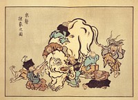 題「衆瞽探象之圖」。英一蝶（はなぶさ・いっちょう 1652 – 1724）作の浮世絵。盲目の僧たちが象を手さぐりし、それぞれが違う説明をするという説話を題材にしている。木版画。