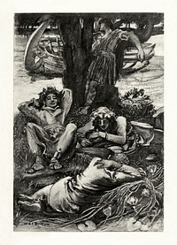 Illustration to Tennyson's "The Lotos-Eaters" by W. E. F. Britten. The poem's a bit long to quote: see the full text at the English Wikisource. The relevant section (see below for source for this) is:Let us swear an oath, and keep it with an equal mind,In the hollow Lotos-land to live and lie reclinedOn the hills like Gods together, careless of mankind.