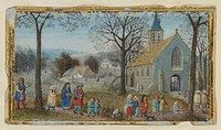 Simon Bening Flemish, probably Bruges, about 1550 Tempera colors and gold paint on parchment 2 3/16 x 3 3/4 in. MS. 50, RECTOAs the local parish church prepares for services, villagers and rural peasants make their way down the path. In the distance, fields, gently rolling hills, buildings, and groves of trees give shape to the landscape. The candlelit procession inside the church, as well as the candles held by the approaching villagers, suggest the celebration of Candlemas, a church holiday observed the second of February.An earlier owner probably cut the miniature from the lower border of the calendar of a book of hours. Despite its small size, Bening's landscape achieves a monumentality associated with larger contemporary panel paintings, where the genre of landscape painting was developing along similar lines.