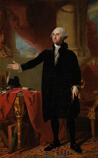 This is a copy of Stuart's Lansdowne portrait of George Washington, hanging in the White House. It can be identified as a copy by the intentionally misspelled "United States" on the book in the lower left. The original is on display in the US National Portrait Gallery.