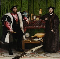 Jean de Dinteville, French Ambassador to the court of Henry VIII of England, and Georges de Selve, Bishop of Lavaur. The painting is famous for containing, in the foreground, at the bottom, a spectacular anamorphic, which, from an oblique point of view, is revealed to be a human skull. Armenian carpet vishapagorg rug from the Central Anatolia is on the table.
