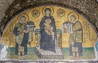 Southwestern entrance mosaic of the former basilica Hagia Sophia of Constantinople (Istanbul, Turkey)The Virgin Mary is standing in the middle, holding the Child Christ on her lap. On her right side stands emperor Justinian I, offering a model of the Hagia Sophia. On her left, emperor Constantine I, presenting a model of the city