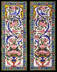 Two panels of earthenware tiles painted with polychrome glazes over a white glaze. Iran; 19th century first half. Each panel: H: 81.5; W: 30.5 cm