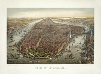 Lithograph. Bird's-eye view of New York with Battery Park in the foreground and the Brooklyn Bridge on the right. Restored by Adam Cuerden.