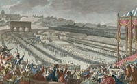 held in the Champ de Mars, in July 14, 1790. Woodcut by Helman, from a picture by C. Monet, Painter of the King.