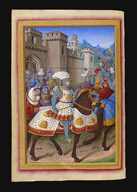 King of France Louis XII riding, out the fortress of Alessandria with his army, in order to attack the city of Genoa, rebel against him (january to may 1507 campaign). Fifth illuminated picture of the manuscript Le Voyage de Gênes (ca.1500), by Jean Marot (ca.1450 - ca.1526). The motto "NON UTITUR ACULEO REX CUI PAREMUR" means "the King to whom we obey does not use its sting". See also the porcupines, one of the personal symbols of king Louis XII.
