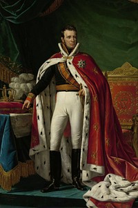 Portrait of William I (1772–1843) as King of the United Kingdom of the Netherlands. Standing, at full-length, in the gala uniform of a general. Over his right shoulder the sash of the Military William Order. Over his uniform wearing a red robe lined with ermine. To the right the royal throne, to the left a table with on it the map of parts of Java (Bantam, Jacatra and Cheribon) in modern-day Indonesia, and also a pillow with crown and sceptre and a hat with ostriche feathers.