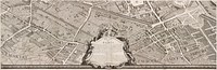 In marked contrast to the small, single-page city views appearing in late 16th and 17th century town atlases, were large, multi-sheet wall maps and birds eye views published during the 18th century. These richly detailed urban images depicted Europes largest and most important cities, such as London, Dublin, Rome, Vienna, and Paris. Displayed here is one page from a 20-sheet view of Paris, drawn from a birds eye perspective. Commissioned in 1734 by Michel Etienne Turgot, Prevot des Marchands (chief merchant or as we might say today, head of the chamber of commerce), this view was prepared by Louis Bretez, a sculptor, painter, and specialist in perspective. It took him five years to complete and publish this large-scale drawing of Frances capital city. Bretez constructed the drawing as if the city was being viewed from the northwest, looking southeast, with the Seine River running through the middle of his composition. He also places Éle de la Cité and Éle St. Louis, the historic heart of the city, near the center of the image. The twenty sheets are placed together create a dramatic wall map measuring approximately eight by ten feet. Such a presentation, as depicted in the composite reproduction displayed on the wall, captures the grandeur of the imperial city under the reign of Louis XV. Meanwhile, the exquisite detail which Bretez used to render individual buildings is evident in the atlas plate displayed below.