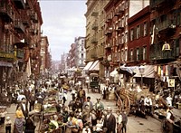 Mulberry Street NYC ca.1900. edit of en:Image:Mulberry Street NYC c1900 LOC 3g04637u.jpg by me user debivort. 1px median filtered, and then downsampled.