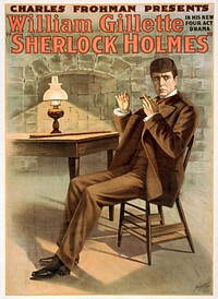 ;Title: Charles Frohman presents William Gillette in his new four act drama, Sherlock HolmesOther TitleSherlock Holmes.Medium1 print (poster) : lithograph, color ; 103 x 77 cm.Reproduction NumberLC-USZC2-1459 (color film copy slide) LC-USZ6-497 (b&w film copy neg.)Rights AdvisoryNo known restrictions on publication.Call NumberPOS - TH - 1900 .S54, no. 4 (C size)  [P&P]RepositoryLibrary of Congress Prints and Photographs Division Washington, D.C. 20540 USANotesD6400 U.S. Copyright OfficeCreated by "The Metropolitan Print., 222 to 232 W. 26th St., New York."SubjectsGillette, William,--1853-137--Performances.Holmes, Sherlock (Fictitious character)Furniture.Detectives.Smoking.Theatrical productions.FormatLithographs--Color.Theatrical posters--American.CollectionsPosters: Performing Arts PostersPart ofTheatrical Poster Collection (Library of Congress)Bookmarkhttps://www.loc.gov/pictures/item/var1994001376/PP/