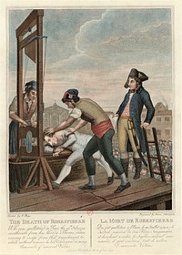 Français : La mort de Maximilien de Robespierre le 28 juillet 1794, vue par une gravure anglaise à charge.Représenté sans sa blessure à la mâchoire, l'incorruptible est stigmatisé comme un lâche et un hypocrite incapable de se conduire avec dignité lors de son exécution, « bête aux abois qui bloque son pied contre un montant de la machine et s'agrippe à la planche pour tenter avec l'énergie du désespoir de s'accrocher à la vie » (Michel Biard).