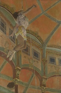 The acrobat Miss La La caused a sensation when she performed at the Cirque Fernando in Paris. Here she is shown suspended from the rafters of the circus dome by a rope clenched between her teeth.Degas sought out such striking modern subjects, concentrating on figures in arresting poses. In January 1879 he make a series of drawings at the Cirque Fernando including a pastel study of Miss La La (London, Tate Gallery), which culminated in this painting. We view the spectacle as the audience would have done, gazing up at the daring feat taking place above.