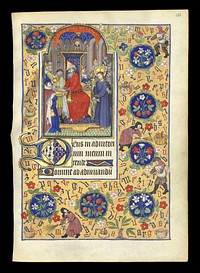 Horae ad usum romanum, Book of Hours of Marguerite d'Orléans (1406–1466), folio 135r., miniature of Pilate washing his hands of the fate of Jesus. Around, peasants collecting letters of alphabet. CoA of Brittany and Orleans in the Initial letter.