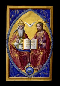 God the Father on left, Jesus on right, holding book with seven seals open to Alpha and Omega passage, dove of Holy Spirit in center, "animal" symbols of Four Evangelists in corners.