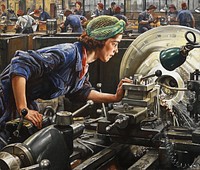 A young factory worker in blue overalls is shown at work on a industrial lathe, cutting and turning the breech-ring component of a Bofors anti-aircraft gun. Other factory workers are visible in the background.