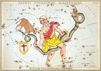 Taurus Poniatowski, Serpentarius, Scutum Sobiesky, and Serpens, plate 12 in Urania's Mirror, a set of celestial cards accompanied by A familiar treatise on astronomy ... by Jehoshaphat Aspin. London. Astronomical chart. 1 print on layered paper board : etching, hand-colored.