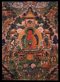 Buddha Amitabha in His Pure Land of Suvakti, Central Tibet. 18th century; Ground mineral pigment on cotton, 73.66x53.34cm (29x21in). Rubin Museum of Art, C2006.66.307HAR701. Amitabha, Buddha residing in the pureland of Sukhavati with the 8 great bodhisattvas seated at the sides.