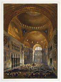 "Vue générale de la grande nef, en regardant l'occident" - An illustration of the nave of the Ayasofya Mosque/Hagia Sophia from the period when it was in use as a mosque. This appears to be a very accurate depiction, compare this (somewhat badly degraded) photograph from fifty years later.