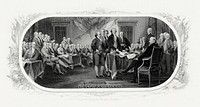 Bureau of Engraving and Printing engraved vignette of John Trumbull’s painting Declaration of Independence (c. 1818). Engraving by Frederick Girsch.Scanned from an original impression, part of a Treasury Department presentation album of portraits and vignettes (c. 1902), possibly presented to Lyman Gage. (Epson 10000XL scanner @2400dpi).