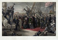 England and America. The visit of her majesty Queen Victoria to the Arctic ship Resolute - December 16th, 1856, to whom this engraving is by special permission respectfully dedicated by her obedient servants, P. & D. Colnaghi & Co., an engraving by George Zobel after the artwork of William Simpson, showing the visit of Queen Victoria to HMS Resolute, an Arctic ship that, having been lost to the ice, had recently been recovered by the Americans, and returned by them to the British.