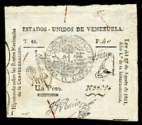 United States of Venezuela (Treasury Note), 1 peso, under law dated 27 August 1811. First issue of Venezuelan national paper currency.