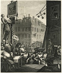 Beer Street, from Beer Street and Gin LaneThe accompanying poem, not printed in this reissue, reads:Beer, happy Produce of our IsleCan sinewy Strength impart,And wearied with Fatigue and ToilCan cheer each manly Heart.Labour and Art upheld by TheeSuccessfully advance,We quaff Thy balmy Juice with GleeAnd Water leave to France.Genius of Health, thy grateful TasteRivals the Cup of Jove,And warms each English generous BreastWith Liberty and Love!