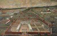 Trade lodge of the VOC in Hooghly, Bengal, by Hendrik van Schuylenbergh (ca. 1620–1689), oil on canvas, 1665. Left the river Ganges with a few ships. Above a long train of Indians is approaching, led by a Dutch trumpeter and banner carriers with Dutch flags, in the middle of the procession two Dutchmen let themselves be carried in a litter. To right of this is an encampment with an Indian dignitary in a tent, horses, cows, elephants and dromedaries. On the right side of the image a graveyard. Bottom right on a stele the marshaled arms of Pieter Sterthemius and Maria Calandrini.