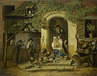 A family in front of the door of the house. Mother with child sitting in the doorway, behind her a young man in hunting clothes. Doves and chickens amble on the stairs. To the left a maid at the well, to the right is a dog on a chain.