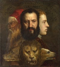 The three heads allude to the three ages of man: youth, maturity and old age; left: Titian at old age; middle: his son Orazio, who died of the plague the same year as Titian; right: his cousin and heir: Marco Vecellio, *1545; the triple-headed beast - Wolf, lion and dog - is a Symbol of prudence.