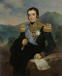 Posthumous portrait of Herman Willem Daendels, Governor-General of the Dutch East Indies from 1808 to 1810, based on a miniature dated 1816 by French artist S.J. Rochard. Part of the Governors-general series. In this picture Daendels is shown pointing a map of the De Grote Postweg (Great Post Road) with writing Rigting van Weg Megamendong 1818 (direction of the road in Megamendung), today Mega Mendung, Puncak, West Java. The background depicting part of the Great Post Road at Puncak Pass area, while on the right background stood Mount Pangrango.