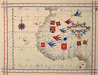 Nautical chart of Portuguese cartographer Fernão Vaz Dourado (c. 1520 - c. 1580), part of a nautical atlas drawn in 1571 and now kept in the Portuguese National Archives of Torre do Tombo (ANTT), Lisbon.