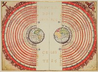 Figure of the heavenly bodies - Illuminated illustration of the Ptolemaic geocentric conception of the Universe by Portuguese cosmographer and cartographer Bartolomeu Velho (?-1568). From his work Cosmographia, made in France, 1568 (Bibilotèque nationale de France, Paris). Notice the distances of the bodies to the centre of the Earth (left) and the times of revolution, in years (right). The outermost text says: "The heavenly empire, the dwelling of God and of all of the elect"