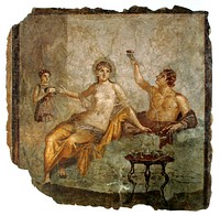 A late Roman-Republican banquet scene in a fresco from Herculaneum, Italy. 59 x 53 cm. The woman wears a transparent silk gown while the man to the left raises a rhyton drinking vessel.