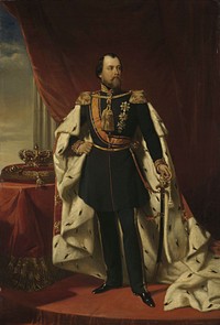 Portrait of William III (1817-90), King of the Netherlands. Standing, full-length cloak, in uniform with ermine. The right hand on his side, the left hand on the sword. To the left lying on a cushion on a table - crown and scepter. There is a second painting by Pieneman that looks very similar to this one.