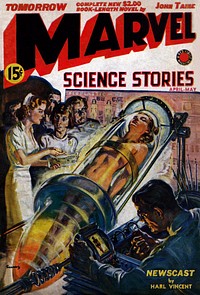 Cover of the April-May 1939 issue of Marvel Science Stories. Art is by Norman Saunders. From the Table of Contents: "This Month's Cover: Norman Saunders, inimitable science-fiction cover artist, gives his conception of a beauty parlor of the future— A Mechanical Fountain of Touth." There's also a column by Eando Binder discussing it, entitled "A Mechanical Fountain of Youth". A short sample: "Let us assume it is some future year, and whatever age you are now, you are in need of rejuvenation by then. You enter the Youth Emporium, pay the fee (in accordance with your pocketbook, perhaps) and the Operator questions you. How long do you want to feel—about twenty-one? How handsome do you want to look—like the current matinee idol? And the best of health, of course?"Colours have been adjusted against the original (this is far more accurate than the original scan), the long crease/tears removed, and general cleanup. The "TOM" of Tomorrow at the top had to be partially reconstructed due to particular damage to that section. Some stamps of a foolish bookseller were removed.