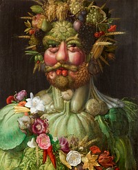 Emperor Rudolf II as Vertumnus, the Roman god of the seasons, growth, plants and fruit. The portrait is meant as an imperial allegory, corresponding with Arcimboldos series of the seasons, with the Emperor here seen as ruler of them all. The variety of flowers and fruits from all season signify that a golden era has returned under the Emperors rule. After the death of Emperor Rudolf II in 1612 the painting stayed at Prague where it is recorded in the inventory of the imperial collections in 1621 and 1635. It was later taken as war booty by the Swedish army in 1648.