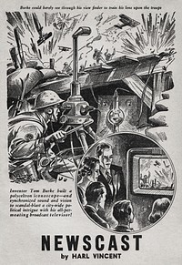 Interior illustration from the April-May 1939 issue of Marvel Science Stories for the story Newscast by Harl Vincent. Art by Alex Schomburg.