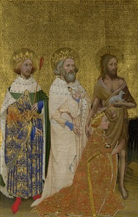 Richard II of England with his patron saints, l to r: King Edmund the Martyr, King Edward the Confessor, St John the Baptist. The Wilton Diptych (c.1395–1399) is a portable altarpiece taking the form of a diptych, painted for King Richard II. This is the left-hand panel.