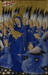 Christ, the Madonna and angels. The Wilton Diptych (c. 1395–1399) is a portable altarpiece taking the form of a diptych, painted for King Richard II. This is the right-hand panel.