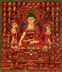 Buddha Shakyamuni as Lord of the Munis. Western Tibet (Guge). Distemper on cloth, Image: 31 1/4 x 26 3/4 in. (79.4 x 67.9 cm). Framed: 41 x 33 in. (104.1 x 83.8 cm). Buddha Shakyamuni holds a begging bowl and gestures to the earth to witness his awakening. His golden complexion evokes his transcendent nature, and the patchwork robe indicates his non-attachment. He meditates upon a radiating lotus and is attended by the adoring figures of the bodhisattvas Maitreya (holding a flask) and Manjushri (a sword). Shakyamuni’s status as a cosmic Buddha is indicated by the rows of Buddhas that occupy the upper registers and the sixteen arhats that surround the lotus throne. In the lowest register are three seated monks flanked by the four guardian kings (lokapala). At lower left sits the officiating lama, likely the patron of this painting named in the inscription as Lobzang Dondrup. Stylistically, this western Tibetan work may be associated with Tsaparang, Tholing, and Tabo monasteries.