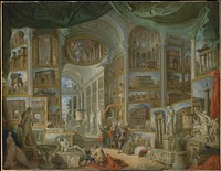 This painting, commissioned by the Count of Stainville (later Duke of Choiseul), depicts the count (at the center with a guidebook in his hand) and friends visiting an imaginary gallery in Rome. The artist Panini is behind the chair.