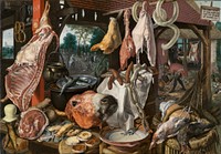 Holy Family distributing alms on their journey to Egypt to escape from Herod's harassment. Various foods – plates in the foreground, meats, ham, lard, smoked fish, pigs' legs and head, bread, butter, milk, cheese and hanging pretzels (in the left corner) – that has been spread out in front of the viewer. The various meats, including sausages, beef, fish, fowl and pork, are arranged on wooden tables, using baskets, pots and plates. A barrel and some wickerwork chairs serve as containers for the food items