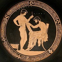 Linos (named, on the right) holds a papyrus roll while his pupil, Mousaios (named, on the left), holds writing tablets. Tondo from an Attic red figure cup.