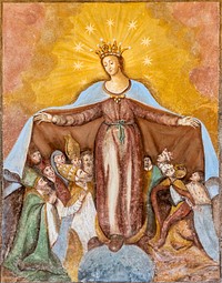 Fresco of Virgin-of-Mercy on the northern wall of the subsidiary church Saint Anna in Saager, market town Grafenstein, district Klagenfurt Land, Carinthia, Austria, European Union