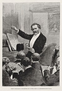 Giuseppe Verdi conducting the Paris Opera premiere of Aida (sung in French) at the Palais Garnier on 22 March 1880, drawing by Adrien Marie. According to a handwritten notation at the top of the item, it was published on 3 November 1881 in La Musique populaire. This was also published in the 3 Avril [April] 1880 edition of Le Monde Illustré, whose caption makes it clear that this was at the first production at the Paris Opera. See [1]